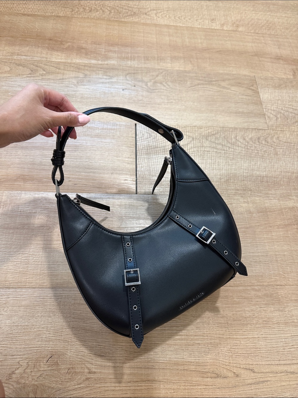 Charles & Keith Black Buckle-Accent Shoulder Bag